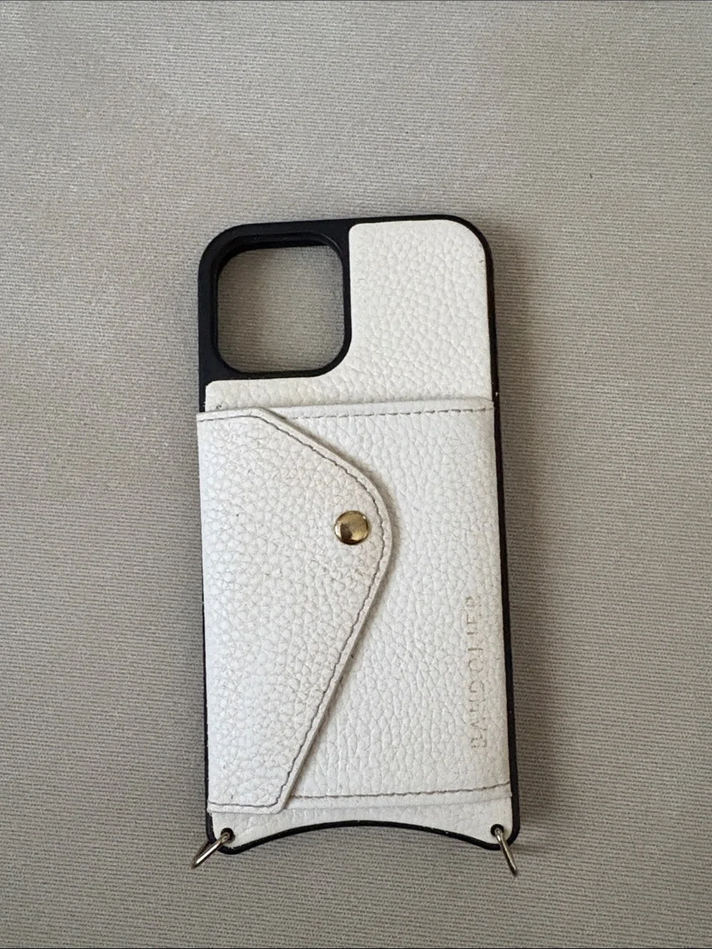 For iPhone 12 Pro Bandolier White Leather Card Pocket Phone Case with Gold Snap
